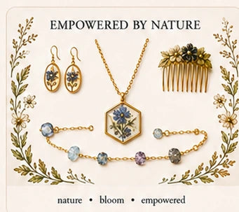 Empowered by Nature collection with floral jewelry, hair comb, and delicate gemstone bracelet