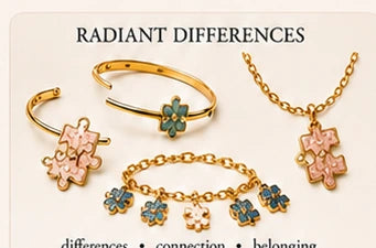 Radiant Differences collection with puzzle-piece cuff, necklace, and charm bracelet