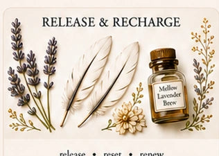 Release and Recharge collection with lavender, feathers, flowers, and ritual bottle