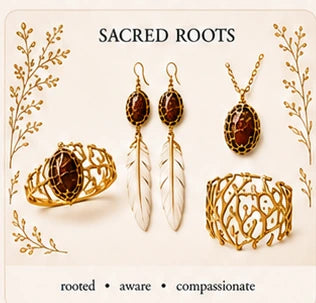 Sacred Roots collection with rooted gold jewelry, warm stone, feather details, and branching cuff