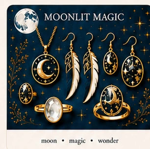 Moonlit Magic collection with moon, stars, feathers, deep blue stones, and gold jewelry