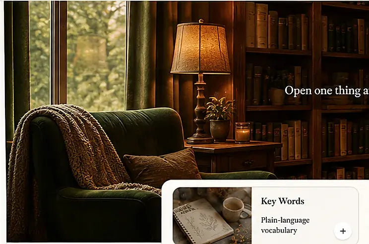A cozy little library with bookshelves, an armchair, warm lamp light, plants, and a quiet place to learn